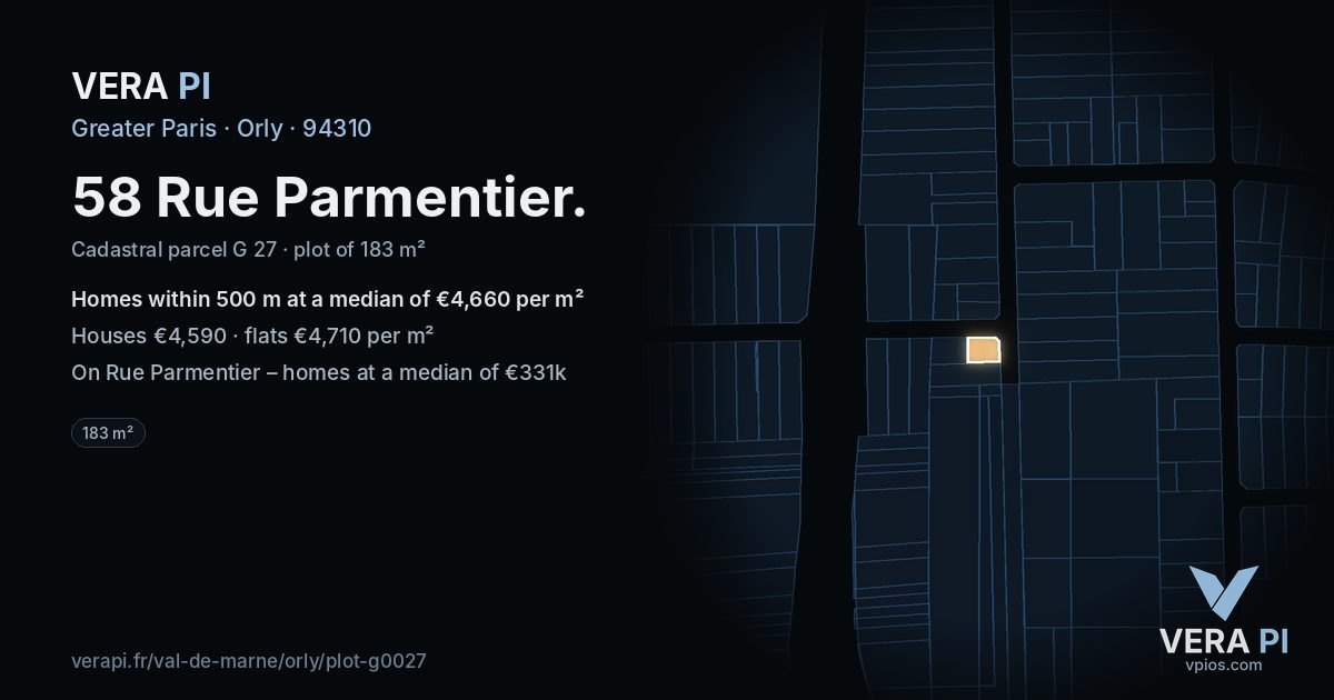 58 Rue Parmentier, Orly at night – the plot lit, the parcels around coloured by the prices near them