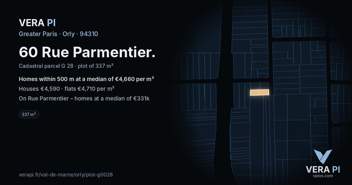 60 Rue Parmentier, Orly at night – the plot lit, the parcels around coloured by the prices near them