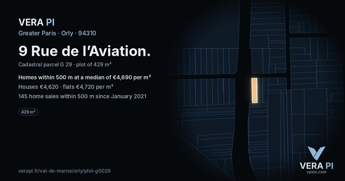 9 Rue de l’Aviation, Orly at night – the plot lit, the parcels around coloured by the prices near them