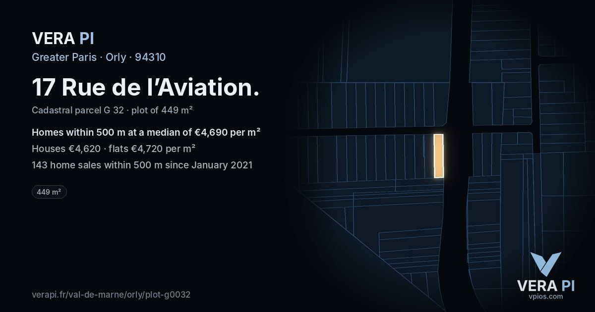 17 Rue de l’Aviation, Orly at night – the plot lit, the parcels around coloured by the prices near them