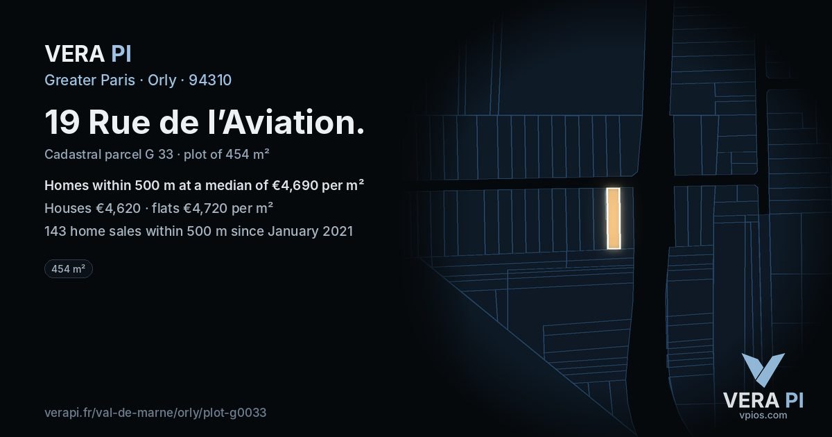 19 Rue de l’Aviation, Orly at night – the plot lit, the parcels around coloured by the prices near them