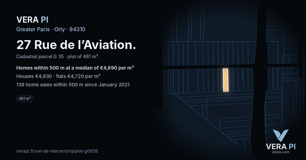 27 Rue de l’Aviation, Orly at night – the plot lit, the parcels around coloured by the prices near them