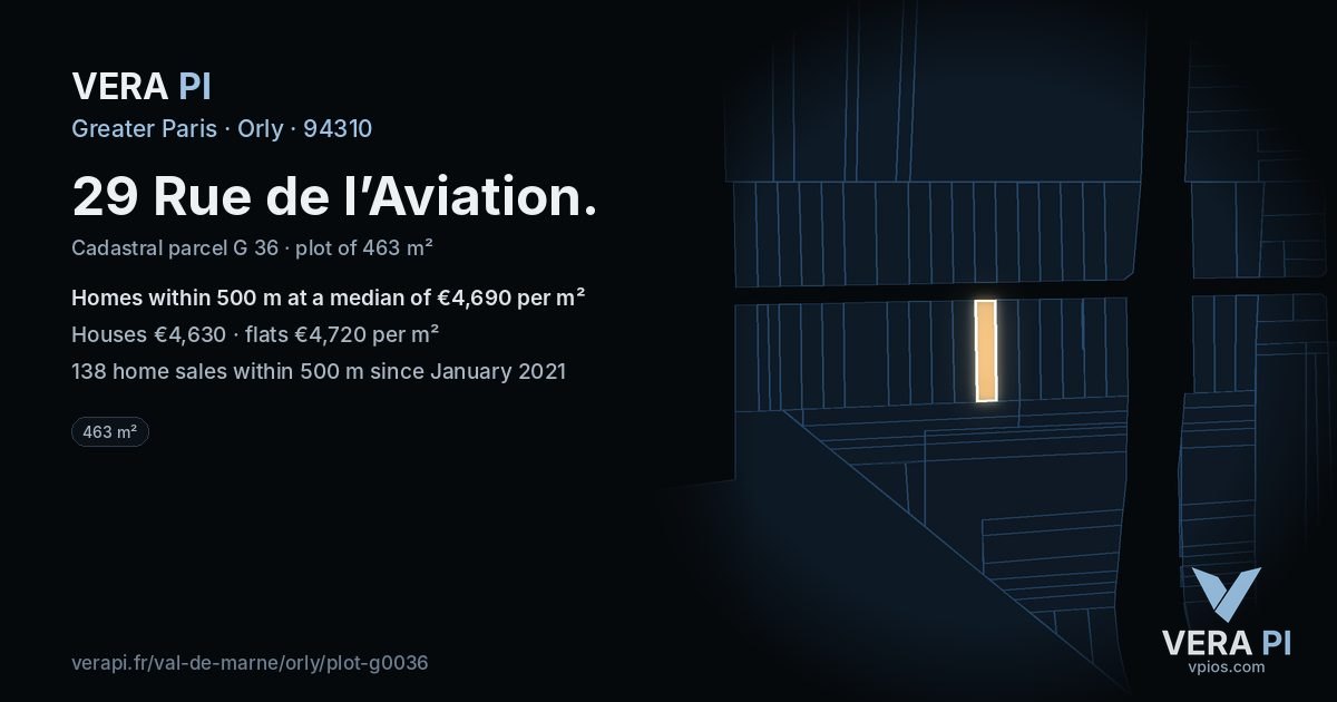 29 Rue de l’Aviation, Orly at night – the plot lit, the parcels around coloured by the prices near them