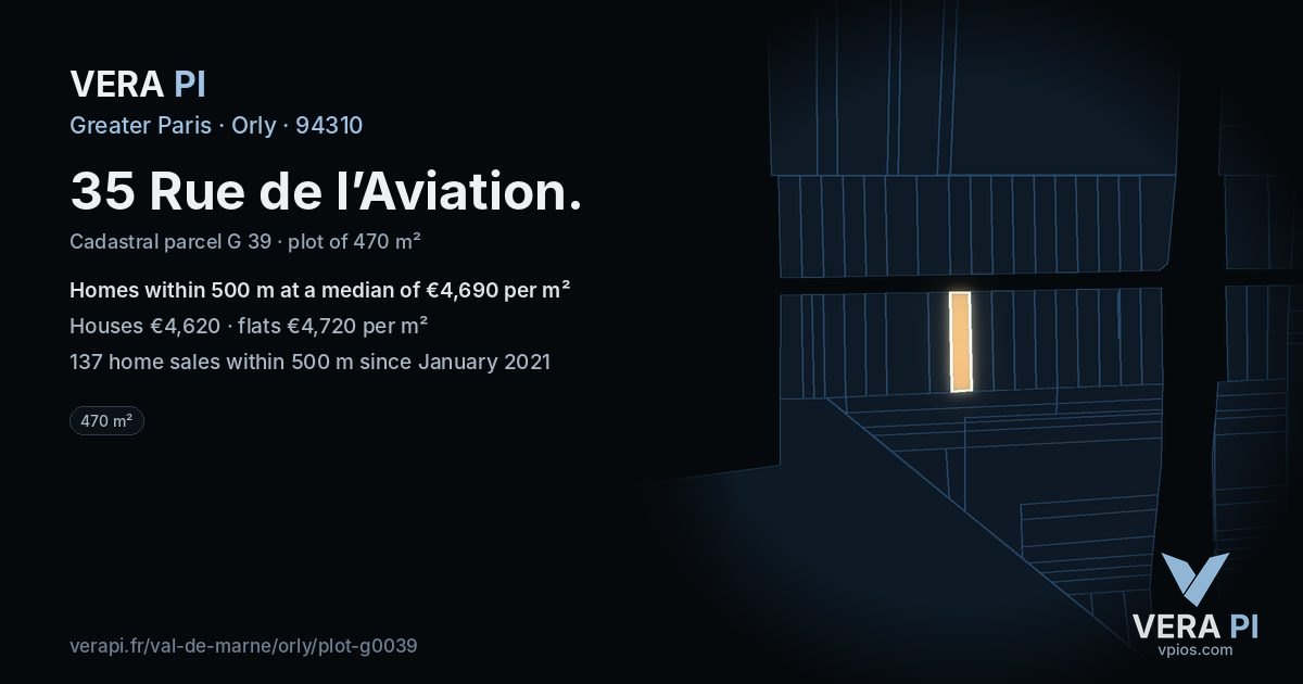 35 Rue de l’Aviation, Orly at night – the plot lit, the parcels around coloured by the prices near them