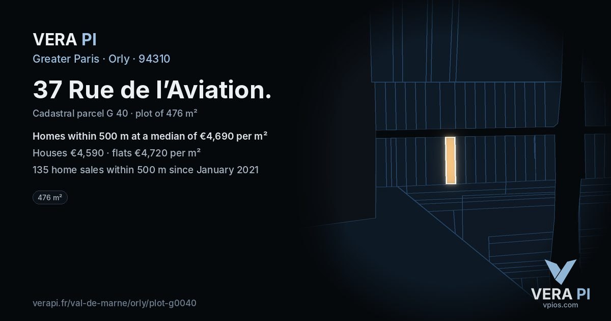 37 Rue de l’Aviation, Orly at night – the plot lit, the parcels around coloured by the prices near them