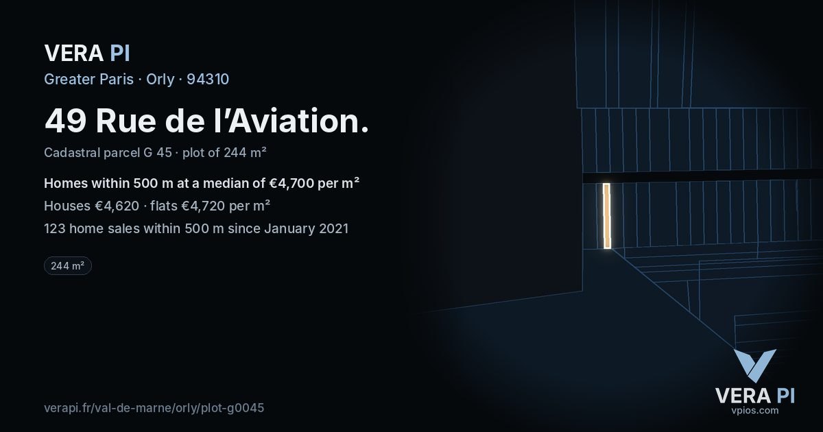 49 Rue de l’Aviation, Orly at night – the plot lit, the parcels around coloured by the prices near them