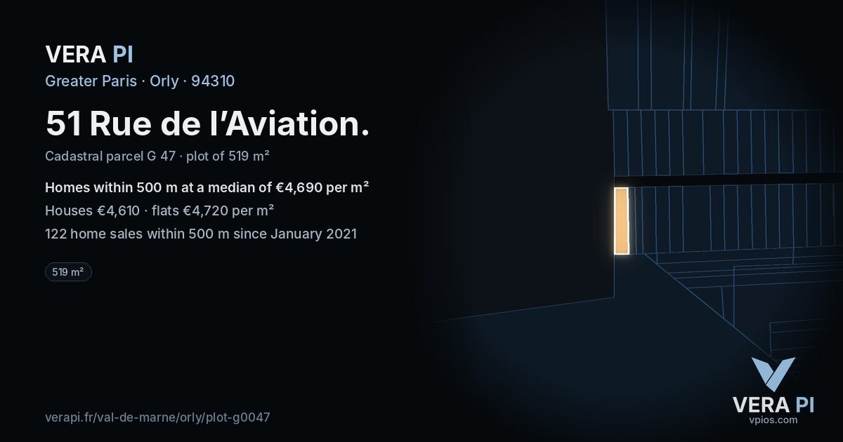 51 Rue de l’Aviation, Orly at night – the plot lit, the parcels around coloured by the prices near them