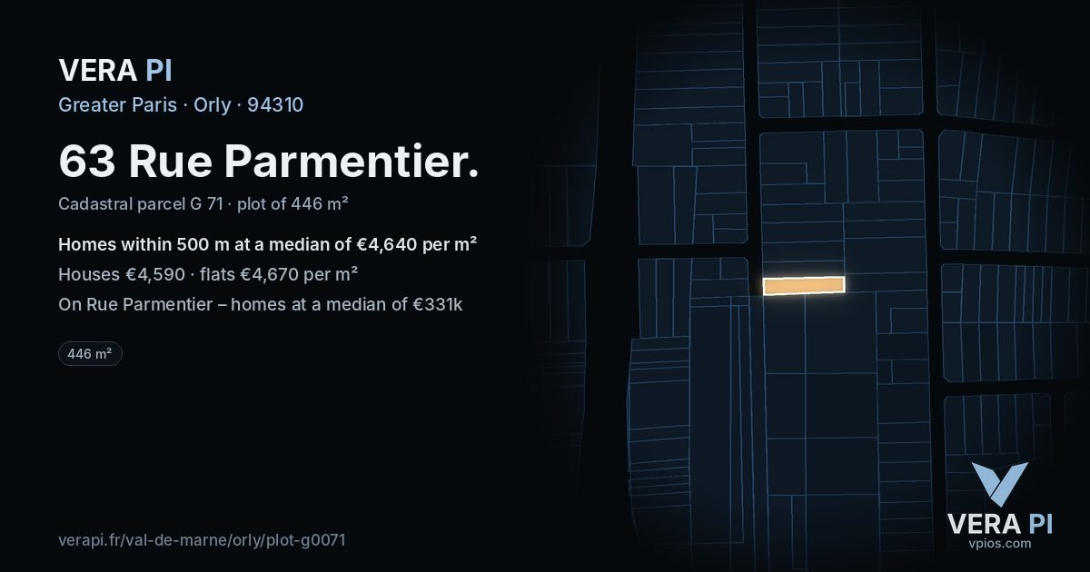 63 Rue Parmentier, Orly at night – the plot lit, the parcels around coloured by the prices near them