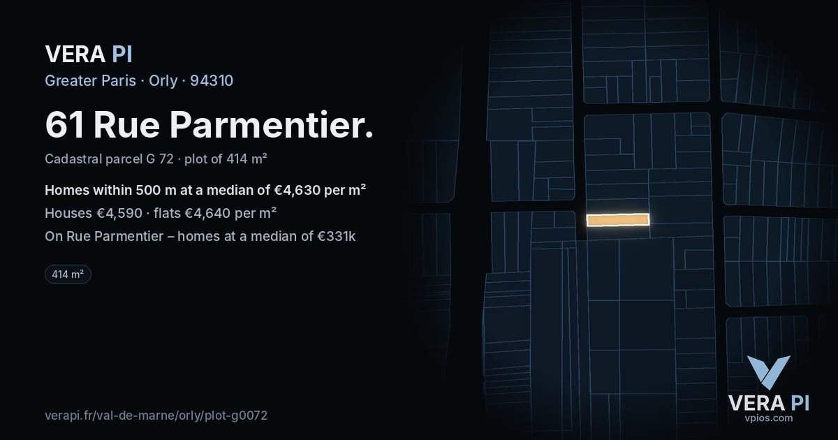 61 Rue Parmentier, Orly at night – the plot lit, the parcels around coloured by the prices near them