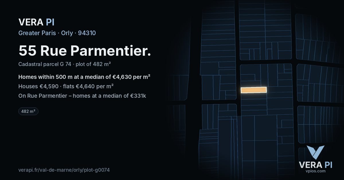 55 Rue Parmentier, Orly at night – the plot lit, the parcels around coloured by the prices near them
