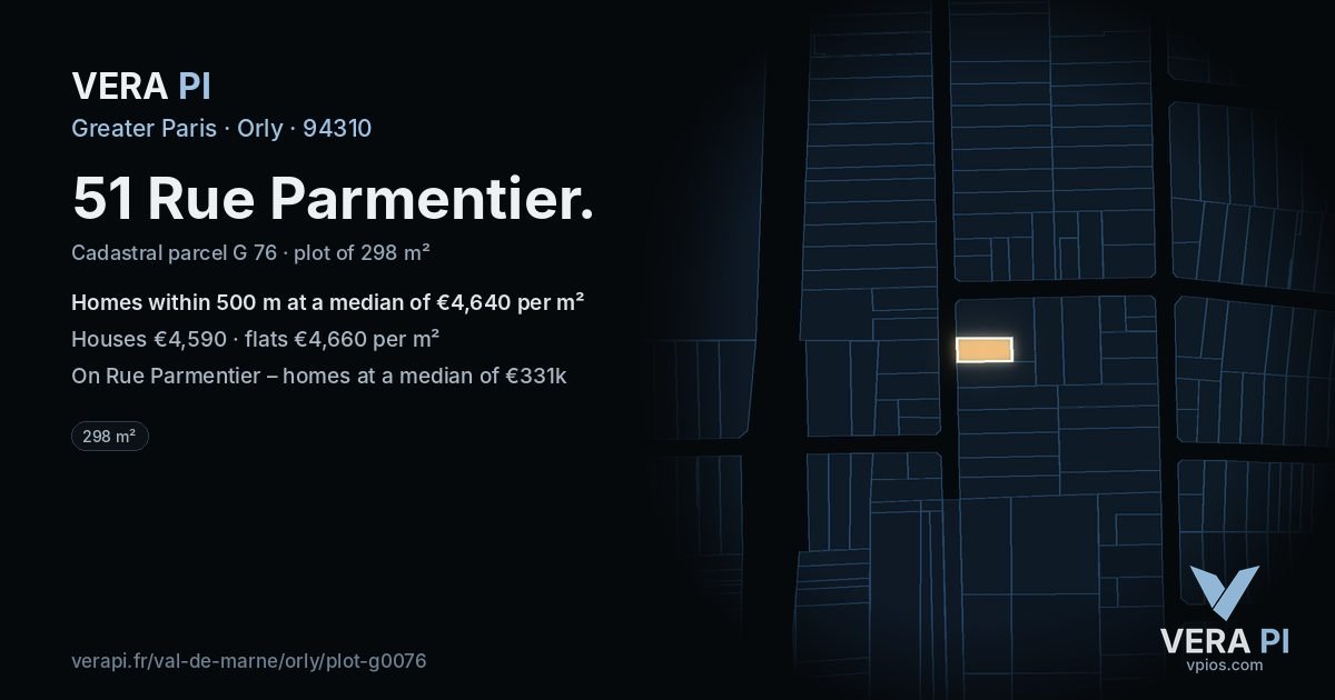 51 Rue Parmentier, Orly at night – the plot lit, the parcels around coloured by the prices near them