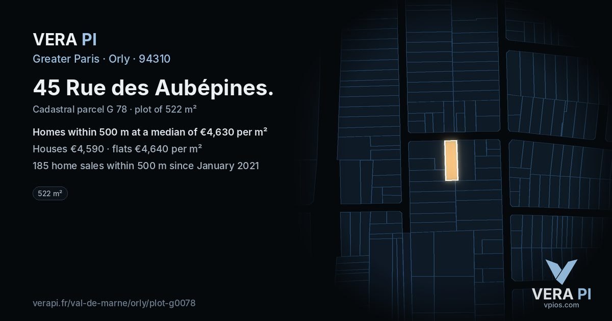 45 Rue des Aubépines, Orly at night – the plot lit, the parcels around coloured by the prices near them