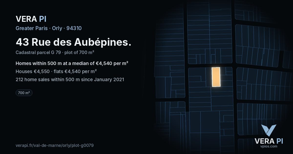 43 Rue des Aubépines, Orly at night – the plot lit, the parcels around coloured by the prices near them
