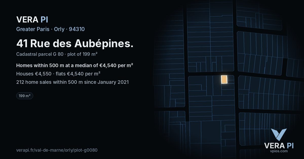 41 Rue des Aubépines, Orly at night – the plot lit, the parcels around coloured by the prices near them