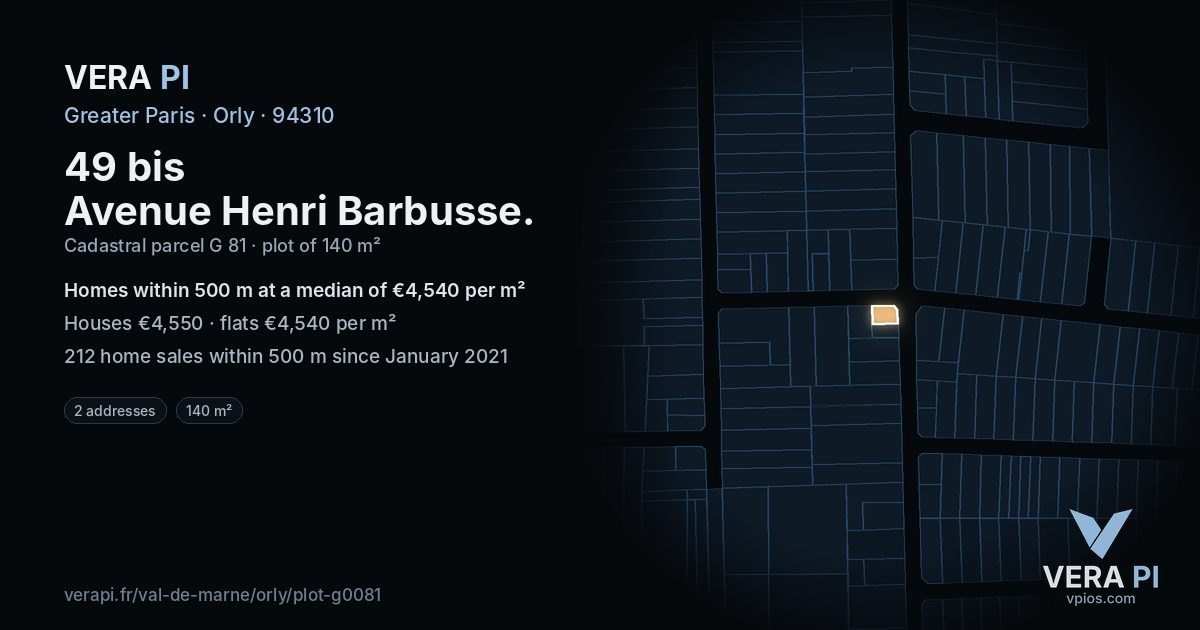 49 bis Avenue Henri Barbusse, Orly at night – the plot lit, the parcels around coloured by the prices near them