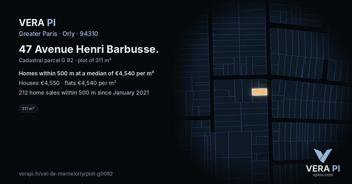47 Avenue Henri Barbusse, Orly at night – the plot lit, the parcels around coloured by the prices near them