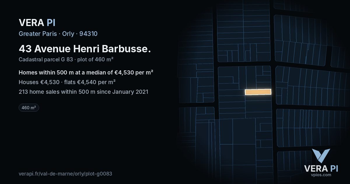 43 Avenue Henri Barbusse, Orly at night – the plot lit, the parcels around coloured by the prices near them