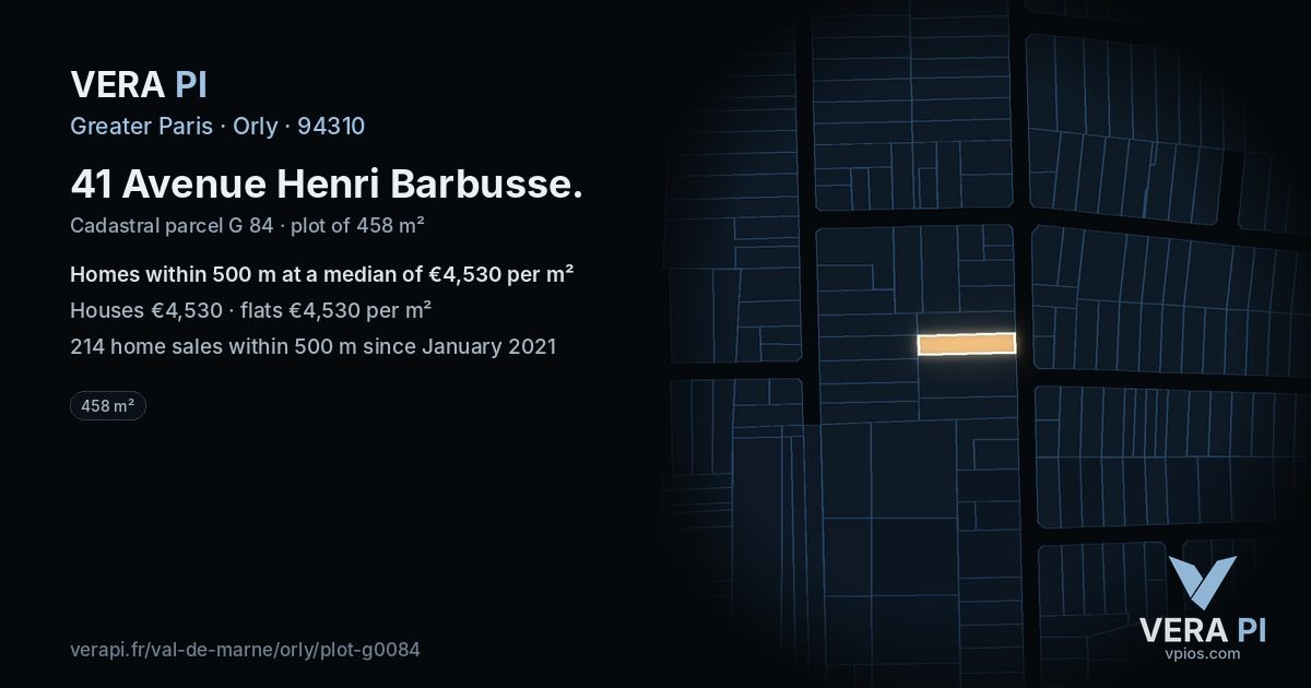 41 Avenue Henri Barbusse, Orly at night – the plot lit, the parcels around coloured by the prices near them