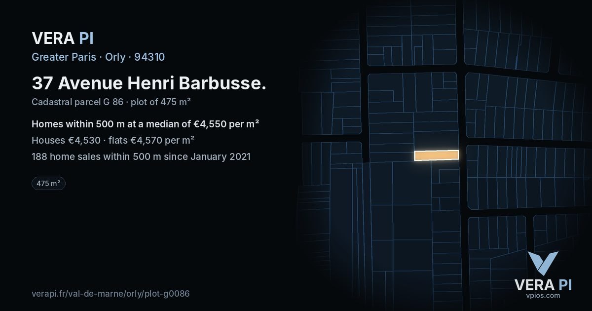 37 Avenue Henri Barbusse, Orly at night – the plot lit, the parcels around coloured by the prices near them