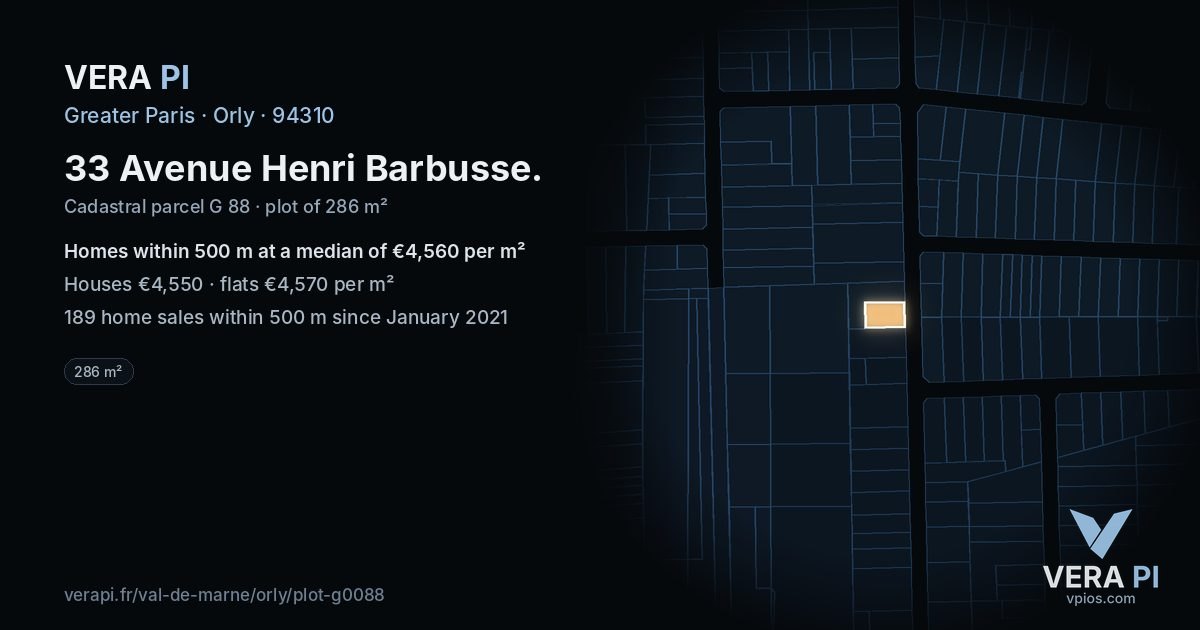 33 Avenue Henri Barbusse, Orly at night – the plot lit, the parcels around coloured by the prices near them