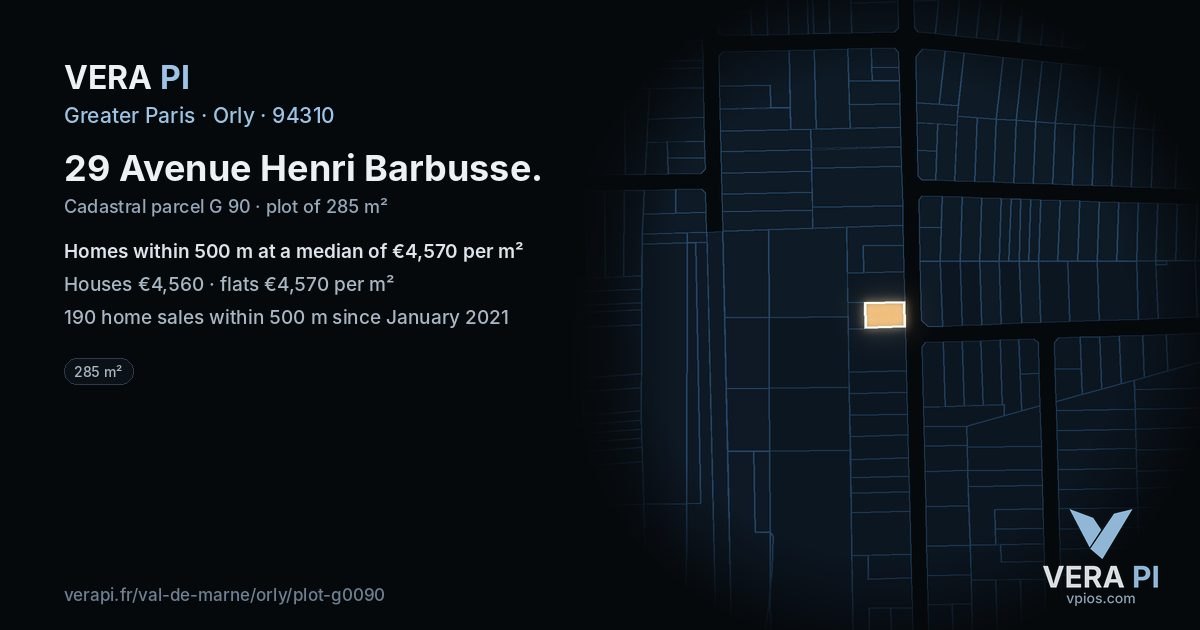 29 Avenue Henri Barbusse, Orly at night – the plot lit, the parcels around coloured by the prices near them