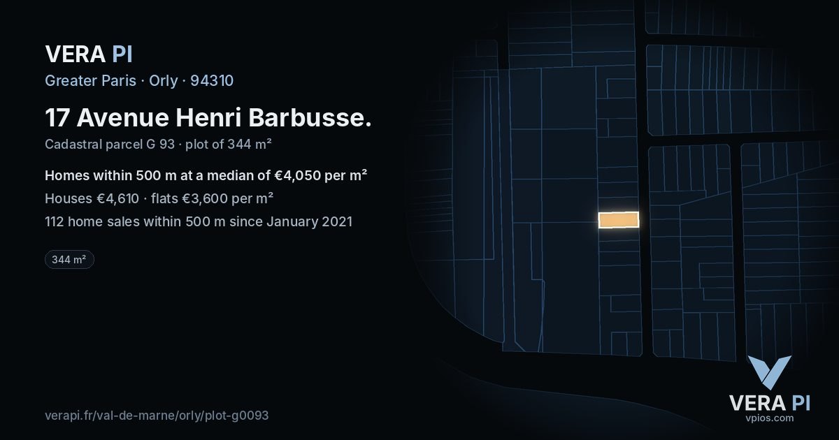 17 Avenue Henri Barbusse, Orly at night – the plot lit, the parcels around coloured by the prices near them