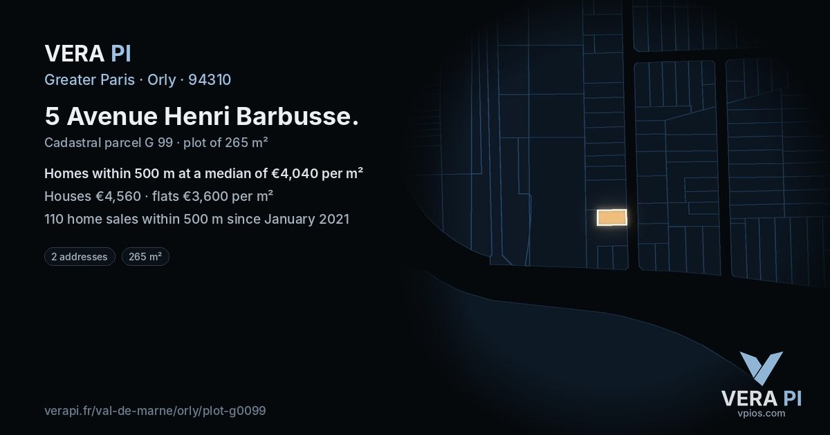5 Avenue Henri Barbusse, Orly at night – the plot lit, the parcels around coloured by the prices near them