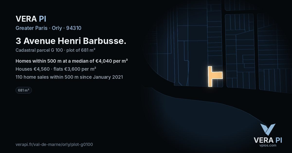3 Avenue Henri Barbusse, Orly at night – the plot lit, the parcels around coloured by the prices near them