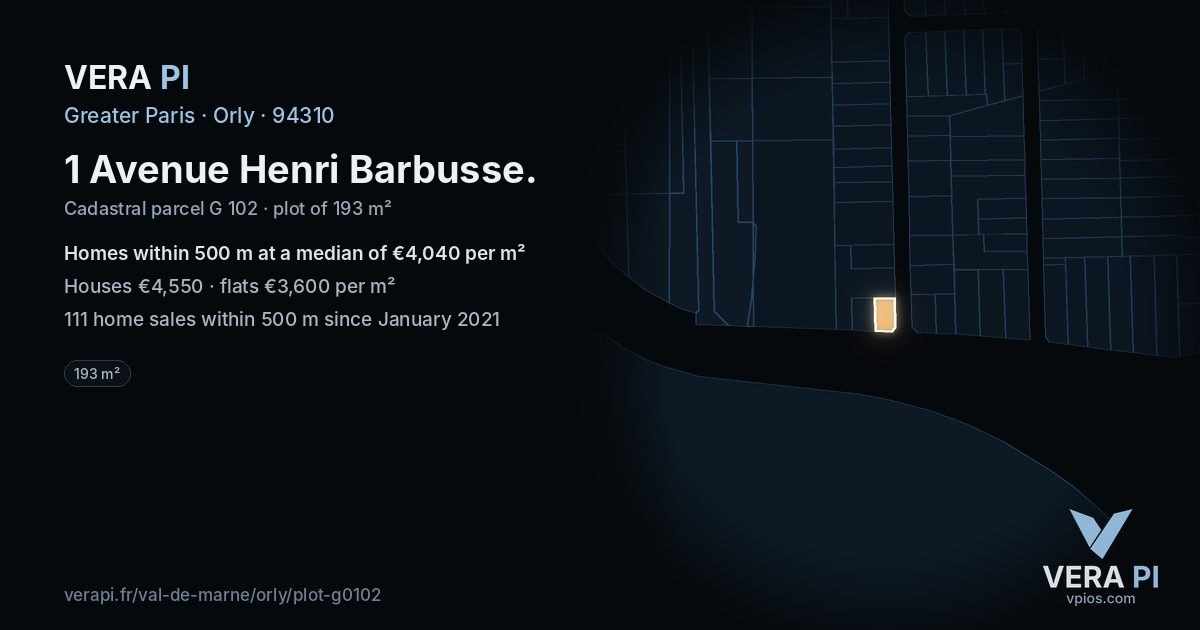 1 Avenue Henri Barbusse, Orly at night – the plot lit, the parcels around coloured by the prices near them