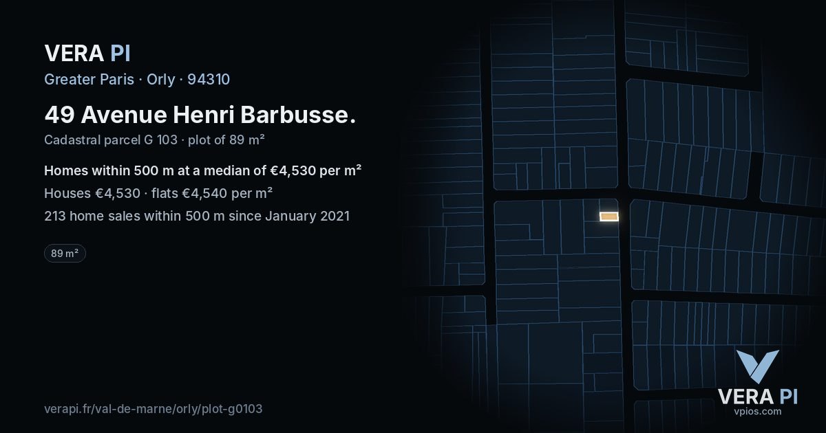 49 Avenue Henri Barbusse, Orly at night – the plot lit, the parcels around coloured by the prices near them
