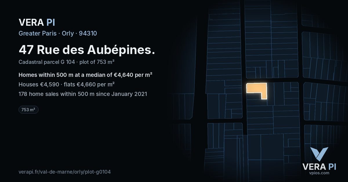 47 Rue des Aubépines, Orly at night – the plot lit, the parcels around coloured by the prices near them