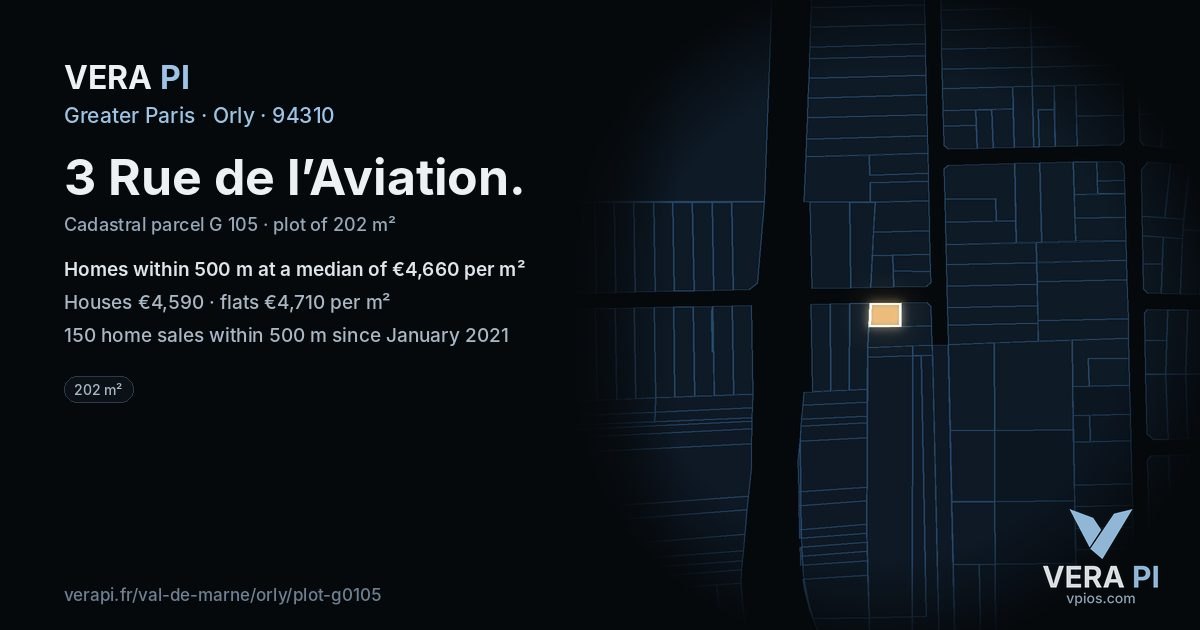 3 Rue de l’Aviation, Orly at night – the plot lit, the parcels around coloured by the prices near them