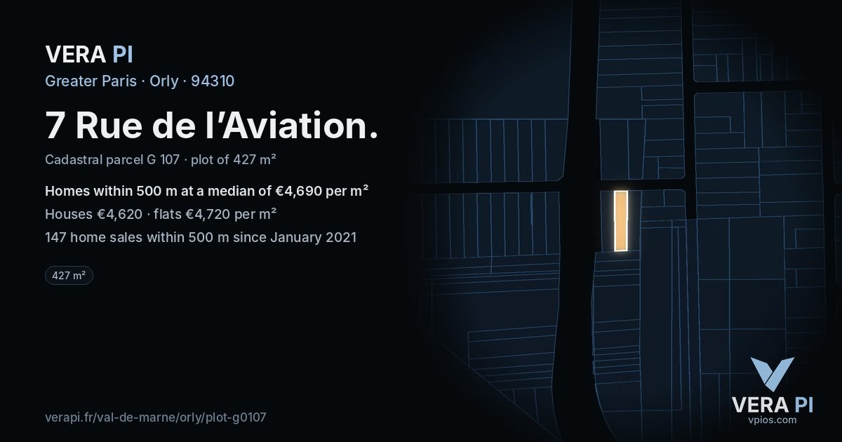 7 Rue de l’Aviation, Orly at night – the plot lit, the parcels around coloured by the prices near them