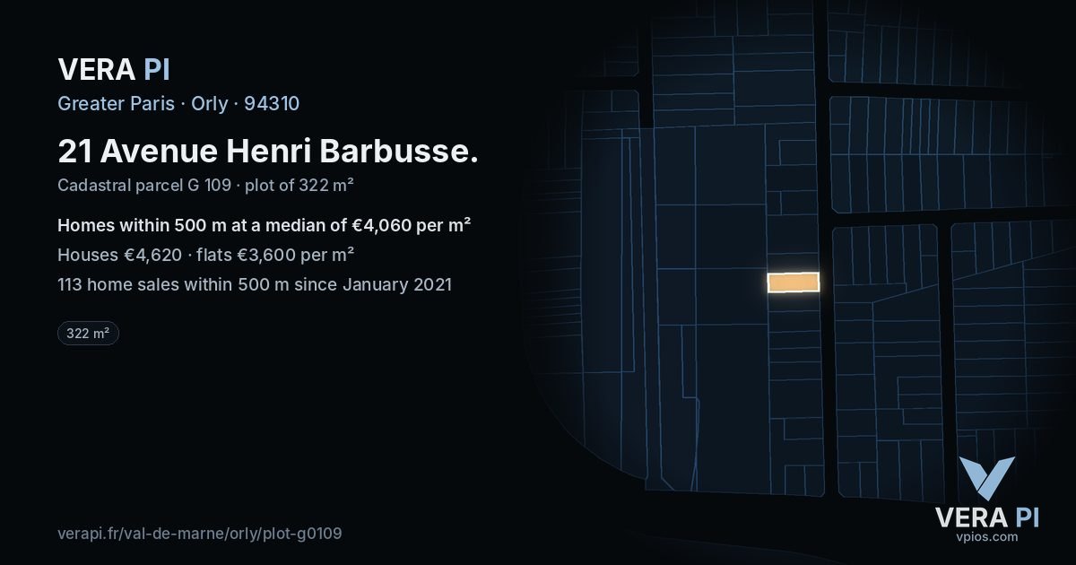 21 Avenue Henri Barbusse, Orly at night – the plot lit, the parcels around coloured by the prices near them