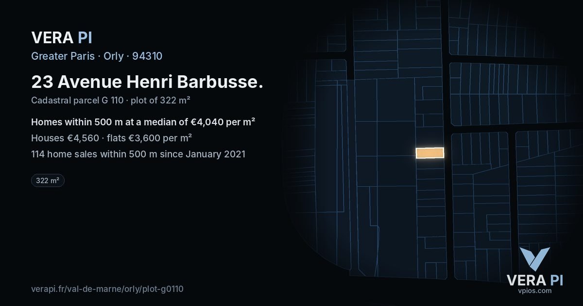 23 Avenue Henri Barbusse, Orly at night – the plot lit, the parcels around coloured by the prices near them