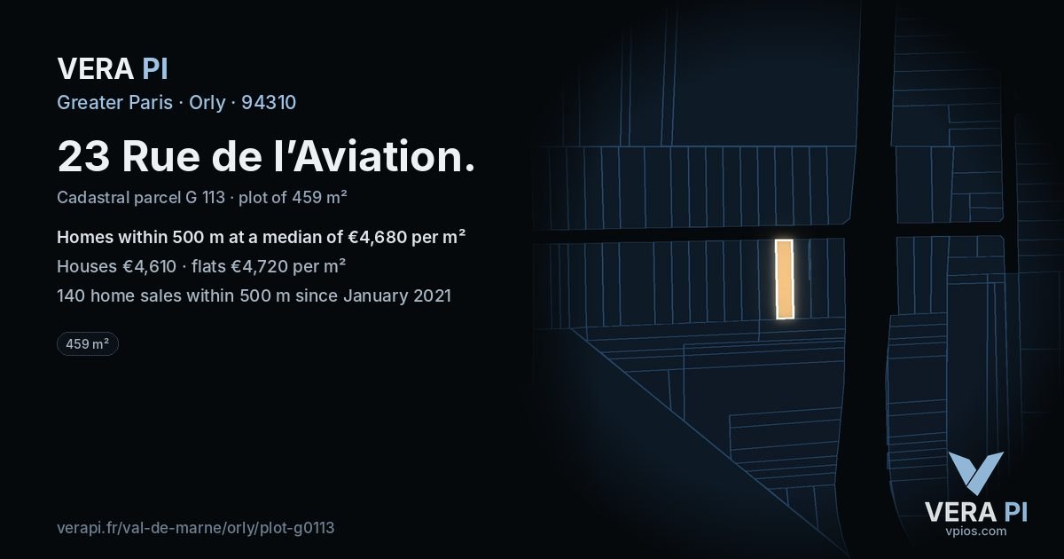 23 Rue de l’Aviation, Orly at night – the plot lit, the parcels around coloured by the prices near them