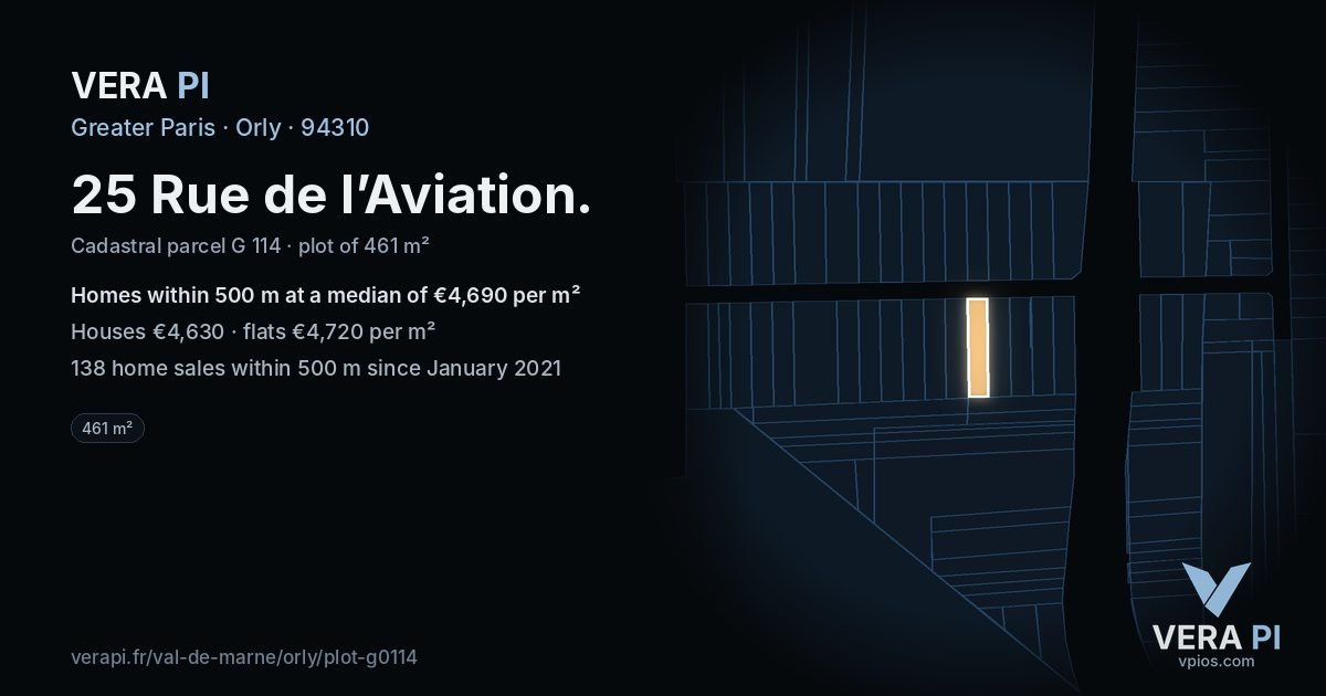 25 Rue de l’Aviation, Orly at night – the plot lit, the parcels around coloured by the prices near them