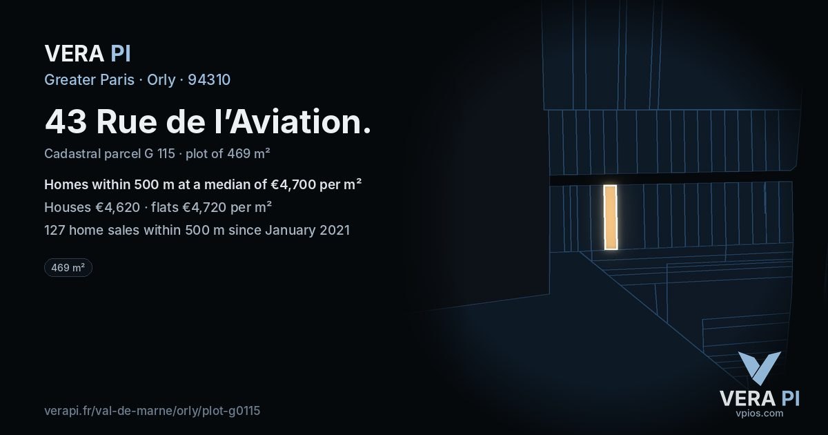 43 Rue de l’Aviation, Orly at night – the plot lit, the parcels around coloured by the prices near them