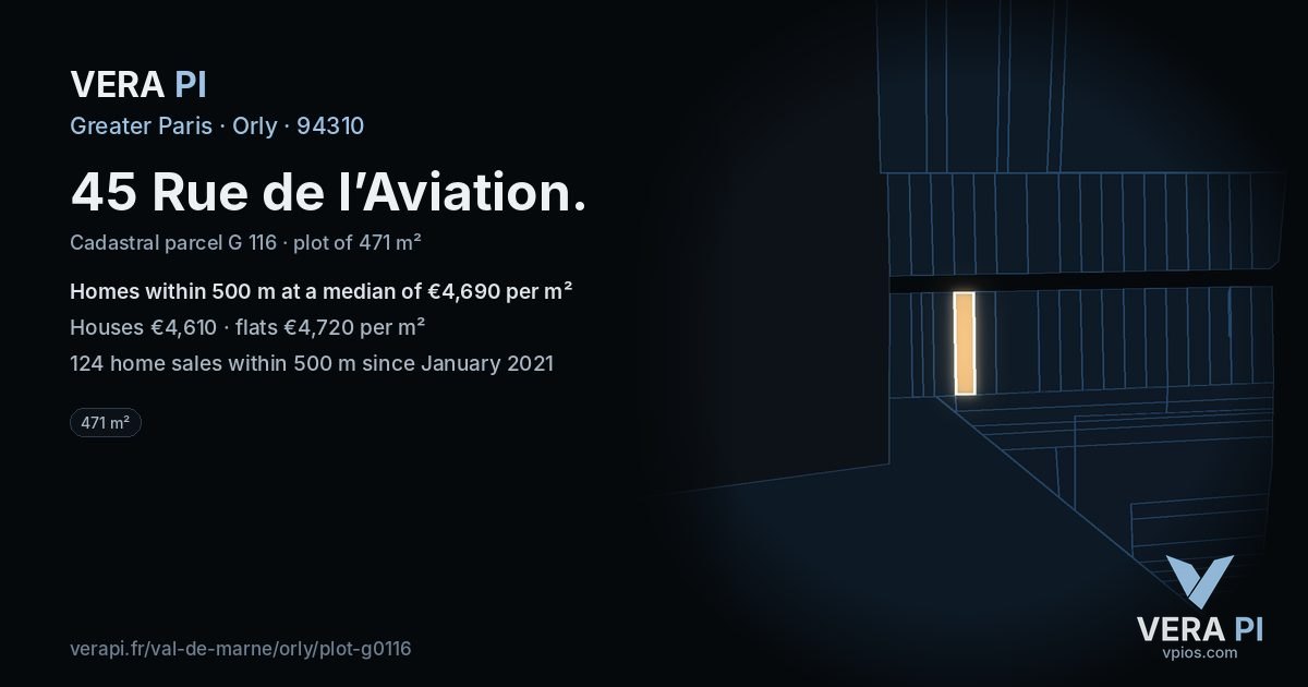 45 Rue de l’Aviation, Orly at night – the plot lit, the parcels around coloured by the prices near them