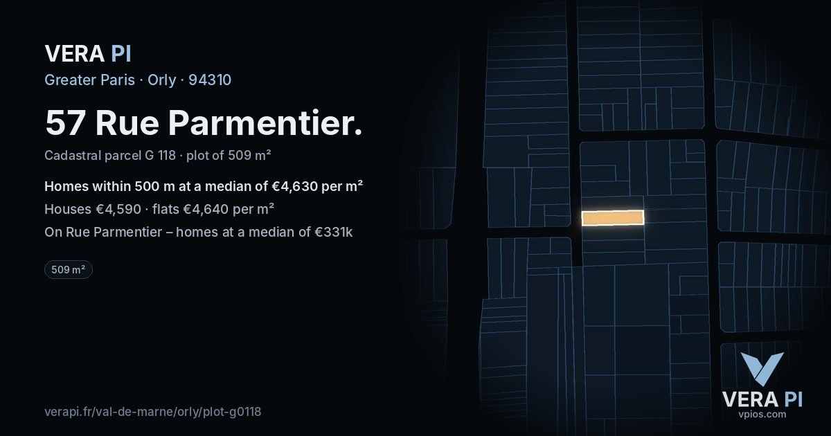 57 Rue Parmentier, Orly at night – the plot lit, the parcels around coloured by the prices near them