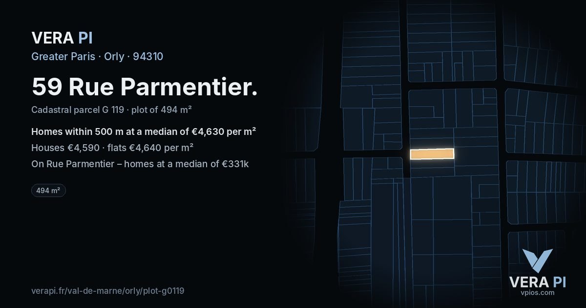59 Rue Parmentier, Orly at night – the plot lit, the parcels around coloured by the prices near them