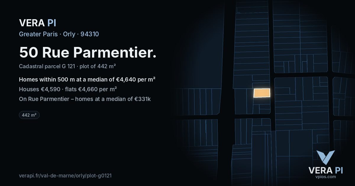 50 Rue Parmentier, Orly at night – the plot lit, the parcels around coloured by the prices near them