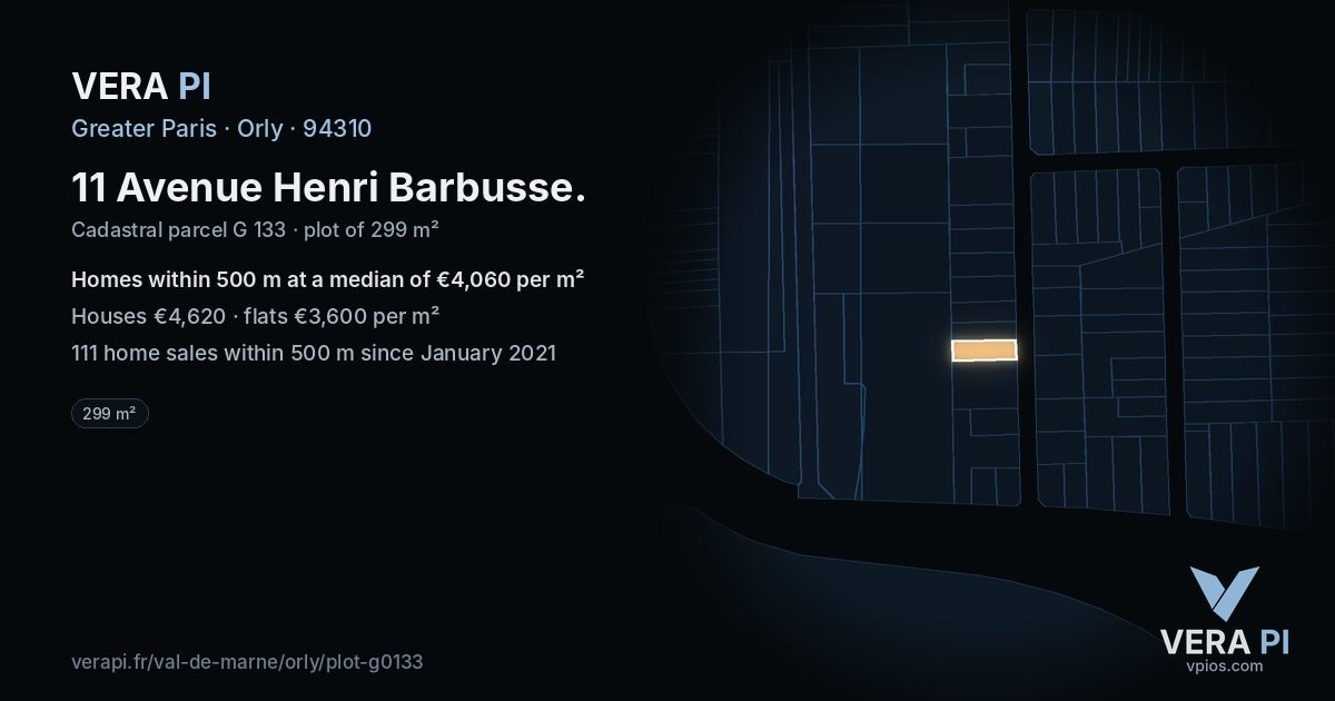 11 Avenue Henri Barbusse, Orly at night – the plot lit, the parcels around coloured by the prices near them