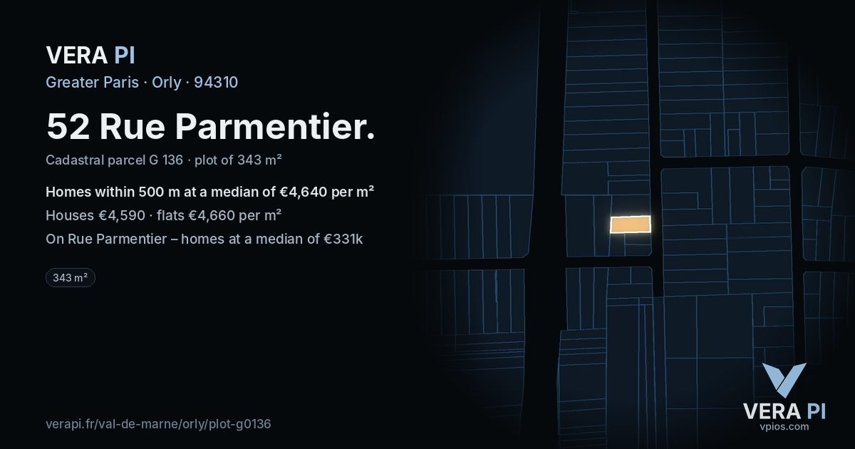 52 Rue Parmentier, Orly at night – the plot lit, the parcels around coloured by the prices near them