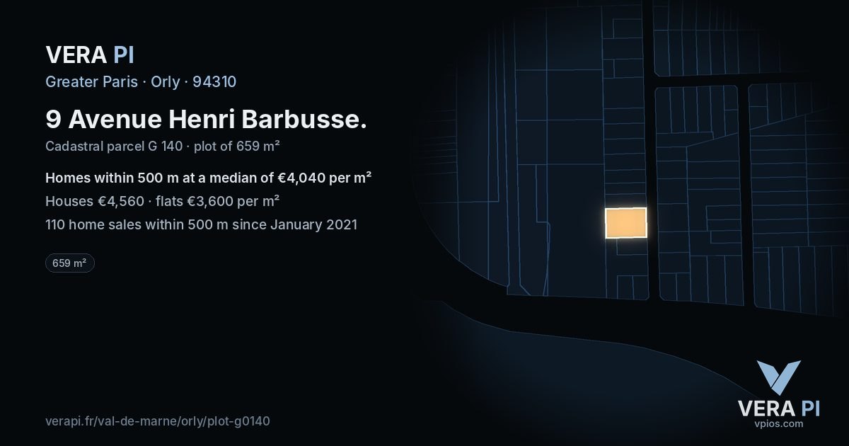 9 Avenue Henri Barbusse, Orly at night – the plot lit, the parcels around coloured by the prices near them