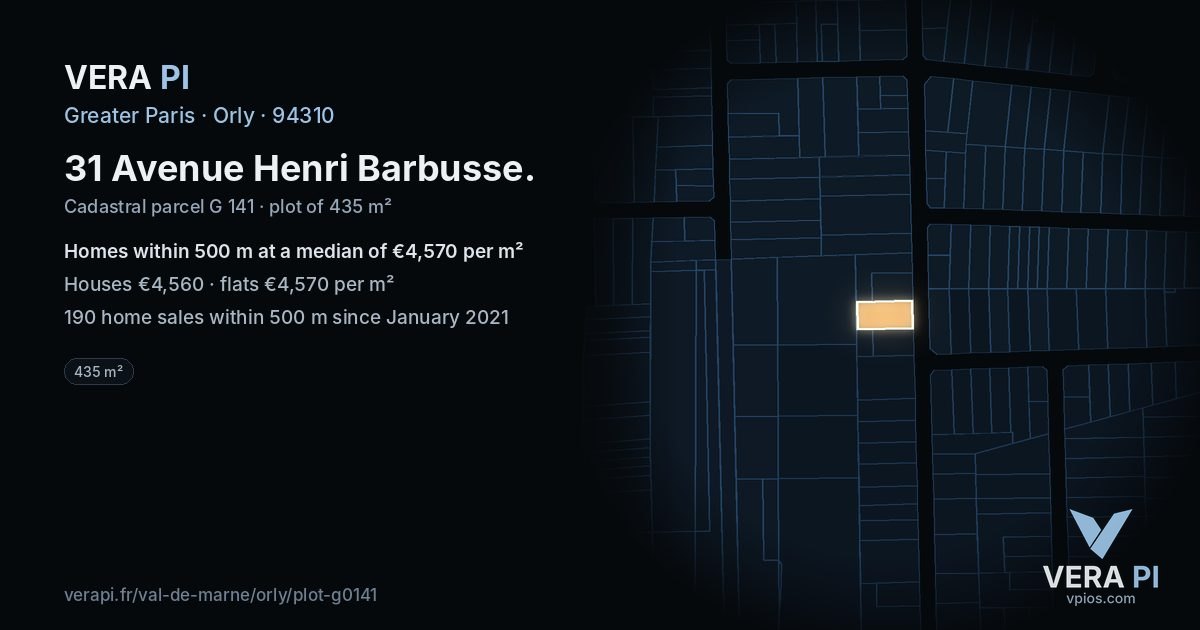 31 Avenue Henri Barbusse, Orly at night – the plot lit, the parcels around coloured by the prices near them