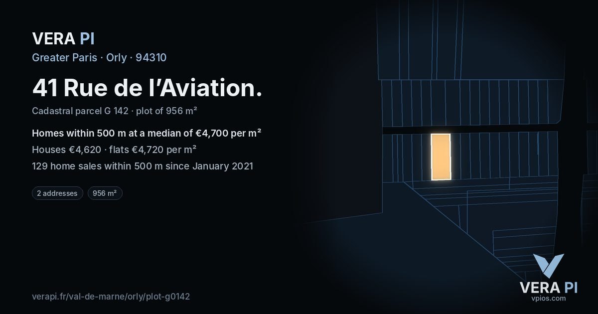 41 Rue de l’Aviation, Orly at night – the plot lit, the parcels around coloured by the prices near them