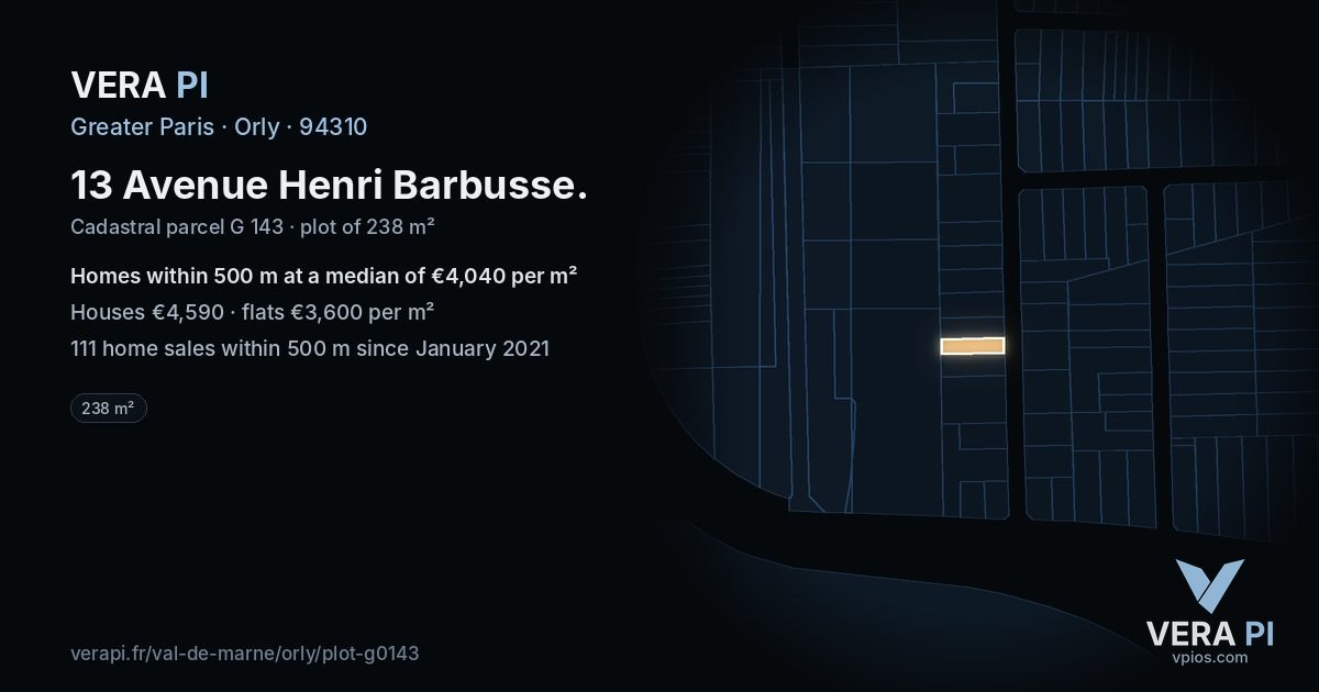 13 Avenue Henri Barbusse, Orly at night – the plot lit, the parcels around coloured by the prices near them