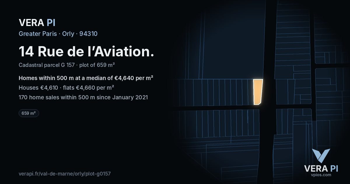 14 Rue de l’Aviation, Orly at night – the plot lit, the parcels around coloured by the prices near them