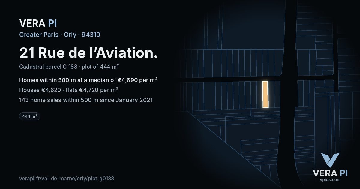 21 Rue de l’Aviation, Orly at night – the plot lit, the parcels around coloured by the prices near them